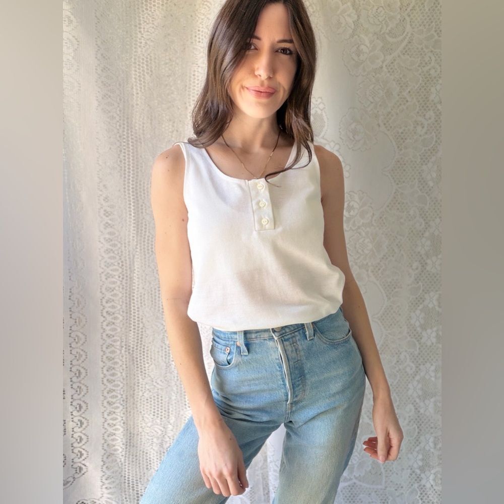 Vintage White Henley Tank Top 80s Made In USA - Picture 7 of 16